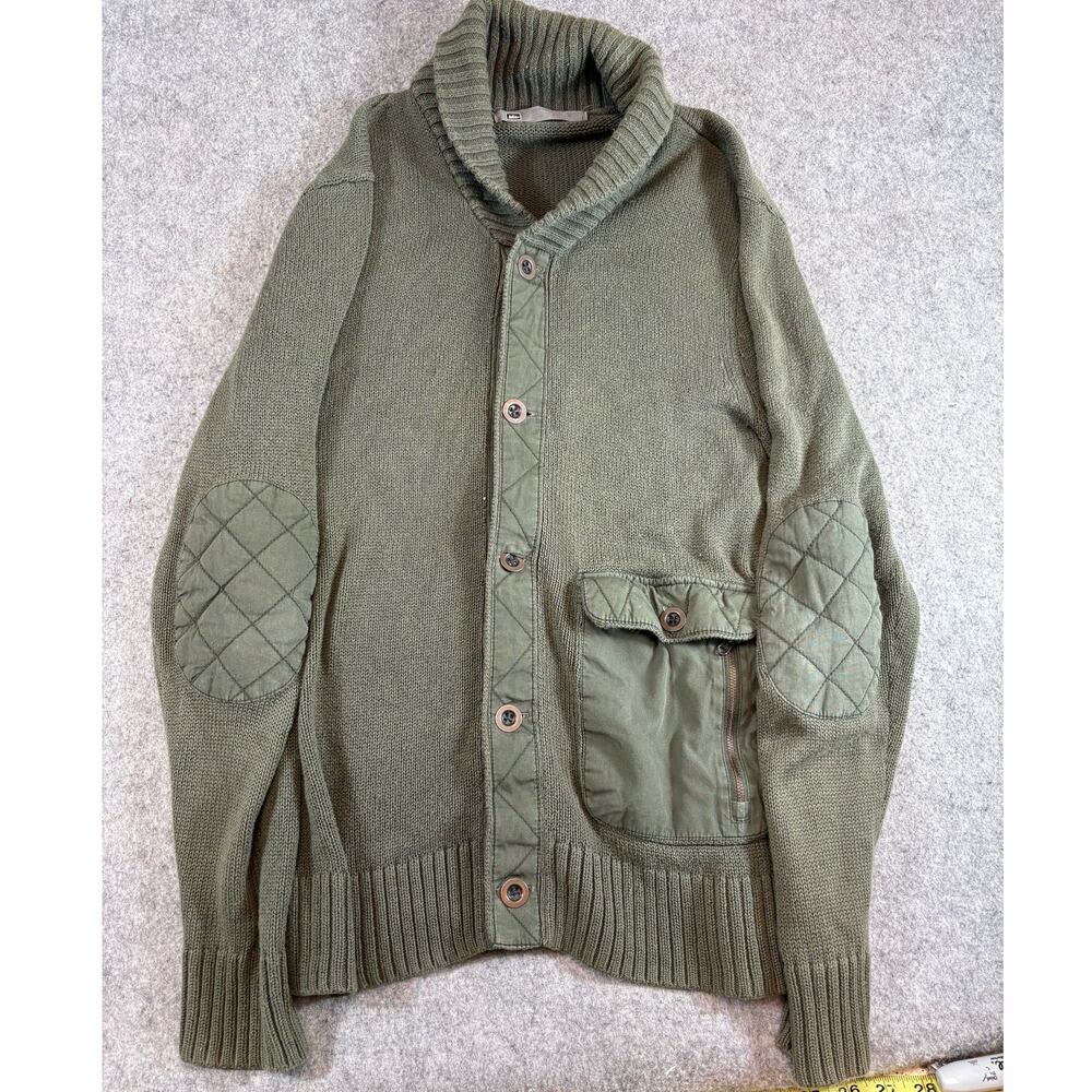 Vintage Rei Cardigan Sweater Mens S Green Shawl Collar Quilted Elbow Patches Y2K